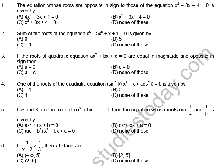JEE Mathematics Theory of Equations MCQs Set A, Multiple Choice Questions